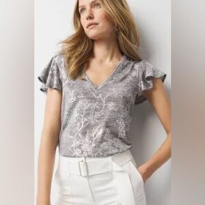 WHBM Glamgetter Tee Gray/Silver  Ruffle Sleeve V-Neck Top size Large